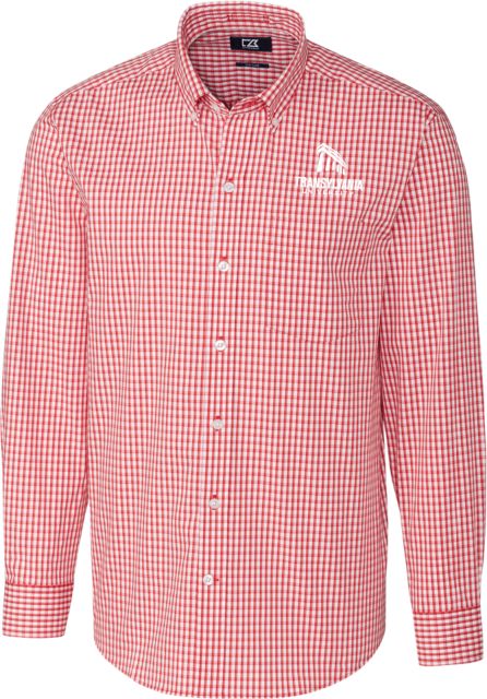 Transylvania Cutter and Buck Cardinal Red Stretch Gingham Long Sleeve Shirt Primary Institutional Mark - ONLINE ONLY